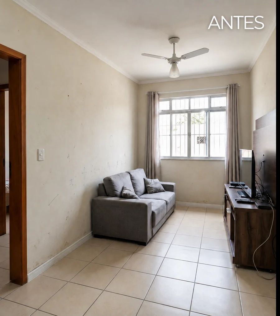 Antes recriado com IA: sala com paredes encardidas e marcas de uso